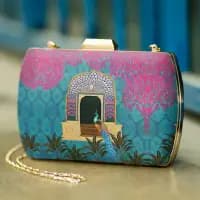 artklim peacock printed clutch